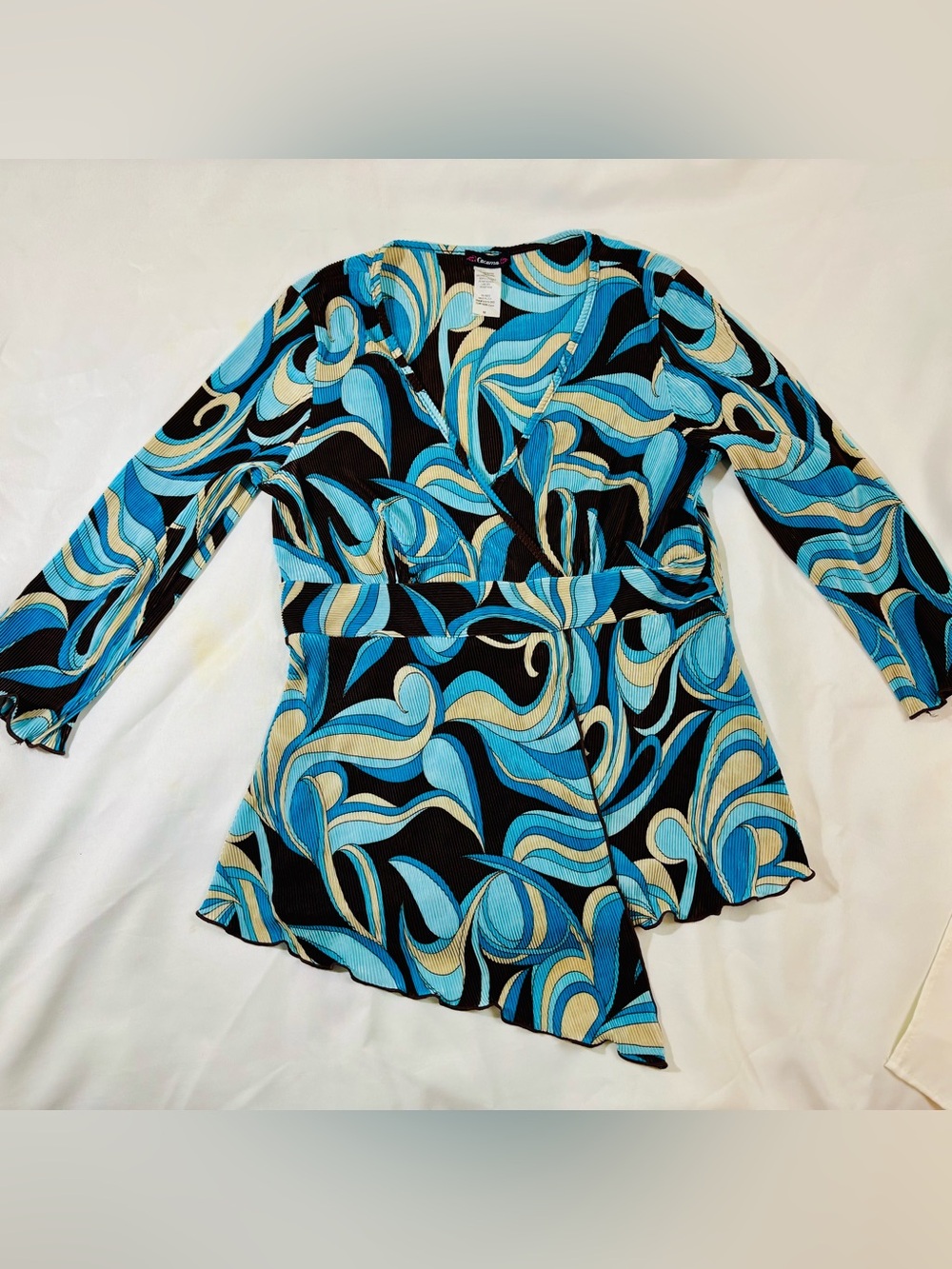 Cacama Retro Blue Black Swirl Pleated Tunic Top Size M Abstract Asymmetrical⁠